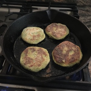 Green Pea Burgers in Cast Iron Pan.